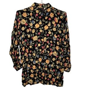 Opal Vintage 90s Floral Button Down Shirt Black Viscose Crepe Long Sleeve Small